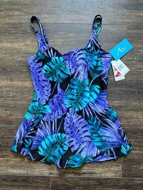 AZUL NWT Blue and Black Tropical One Piece Swimsuit SZ 16